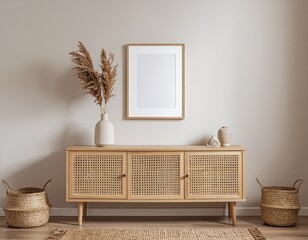 Boho interior with poster frame above wooden sideboard, pampas grass vase, woven basket decor, beige tones, natural sunlight, soft shadows, aesthetic home scene, warm and cozy style
