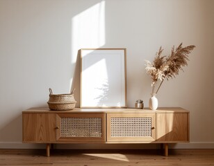 Boho interior with poster frame above wooden sideboard, pampas grass vase, woven basket decor, beige tones, natural sunlight, soft shadows, aesthetic home scene, warm and cozy style
