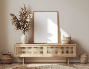 Boho interior with poster frame above wooden sideboard, pampas grass vase, woven basket decor, beige tones, natural sunlight, soft shadows, aesthetic home scene, warm and cozy style
