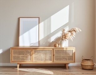 Boho interior with poster frame above wooden sideboard, pampas grass vase, woven basket decor, beige tones, natural sunlight, soft shadows, aesthetic home scene, warm and cozy style
