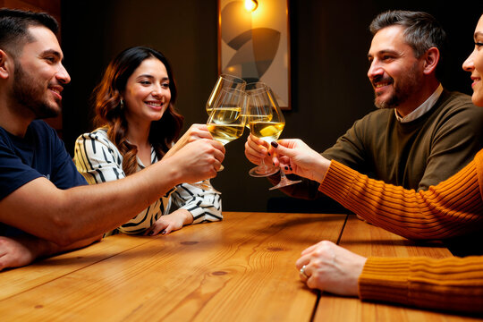 Group of young adult and middle aged Caucasian men and women sitting at table clinking wine glasses, smiling and celebrating together in indoor setting, enjoying social gathering