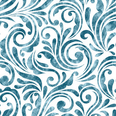 seamless pattern with blue flowers arabesque watercolor textured background colorful elegant decor design
