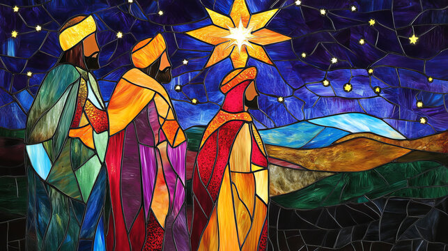 A vibrant, traditional stained-glass illustration of three wise men and star of Bethlehem beautiful radiant colors with copy space ideal for artistic religious Christmas card holiday background