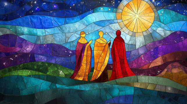 A vibrant, traditional stained-glass illustration of three wise men and star of Bethlehem beautiful radiant colors with copy space ideal for artistic religious Christmas card holiday background