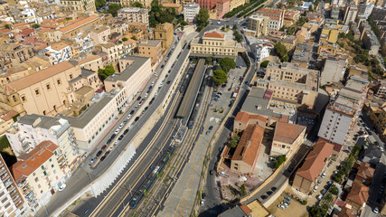 Aerial view of the Agrigento train station, Sicily, Italy. It's a small train station in the city center.
