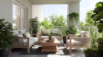 Fototapeta premium Cozy balcony filled with plants and comfortable furniture inviting relaxation and enjoyment outdoors.