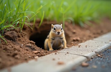 Small ground squirrel near its burrow. Rodent sits at the edge of hole. Animal has brown fur. Wildlife in natural habitat. Curious look at the viewer.