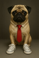 Adorable pug dog dressed in a red tie and white sneakers