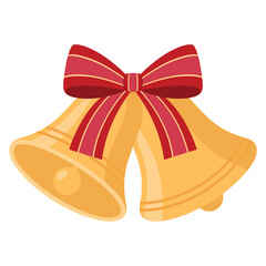 Flat vector illustration of golden jingle bells with a red and yellow bow. Holiday decoration isolated on a white background.