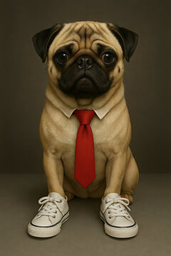 Adorable pug dog dressed in a red tie and white sneakers