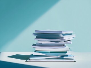 A Neatly Stacked Collection of White Papers Against a Light Blue Background with Shadows Highlighting the Layers