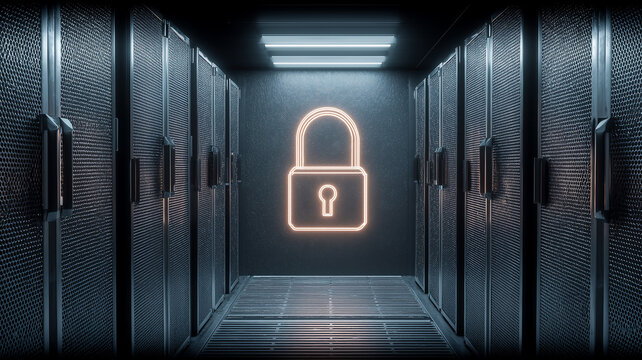 A padlock icon marks a secured server corridor, reflecting physical access control, compliance, and protected operations.
