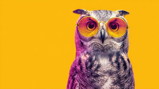 A unique owl wearing oversized sunglasses stands confidently showcasing its colorful and vibrant personality.