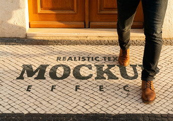 Text Effect Mockup on White Portuguese Cobblestone Street Near Wooden Doorway