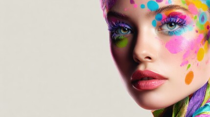 A model displays artistic face paint in bright colors highlighting her unique style and charm.