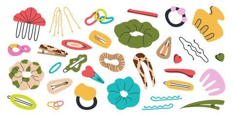 Hair Accessories Collection with Scrunchies Clips Hairpins Claws and Bands in Bright Colors, Fashion Styling Elements, Decorative Hair Design Set Reflecting Modern Beauty and Feminine Trends