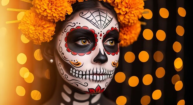 Close-up of a woman with Day of the Dead face paint and marigold flower crown with bokeh lights dia de los muertos