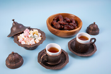Traditional Turkish tea with dates and lokum for Ramadan Iftar