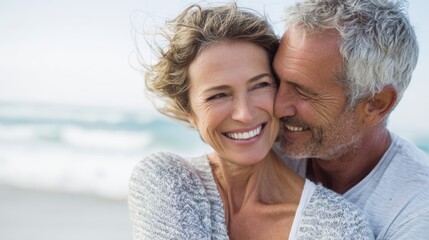 A couple smiles warmly at each other while embracing on the shoreline of a beautiful beach.