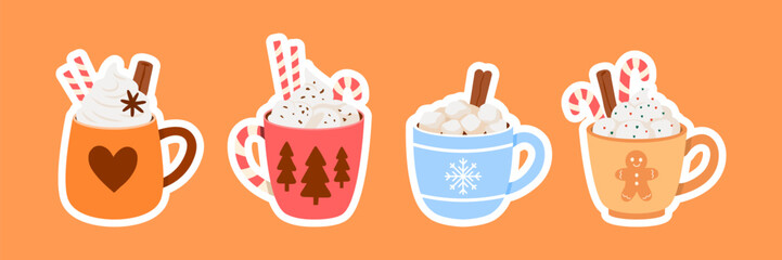 Christmas And New Year Cup Stickers With Whipped Cream Candy Canes Cinnamon And Festive Decorations. Cozy Winter Mug Collection With Holiday Drinks And Sweet Elements