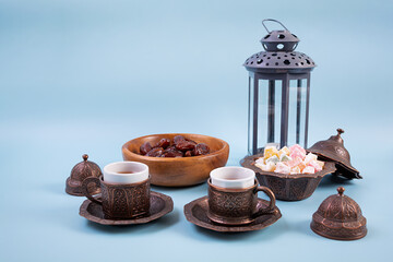 Traditional Turkish tea with dates and lokum for Ramadan Iftar