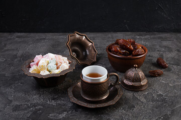 Traditional Turkish tea with dates and lokum for Ramadan Iftar