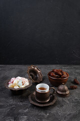 Traditional Turkish tea with dates and lokum for Ramadan Iftar