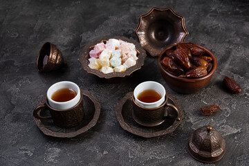 Traditional Turkish tea with dates and lokum for Ramadan Iftar