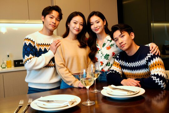 Group of young adult Asian men and women gathering around dining table smiling at camera, showing friendship and togetherness in modern kitchen setting with wine glasses visible