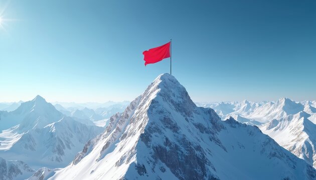 Red flag flutters atop snowy mount summit. Blue sky surrounds winter mountain range. Sign achievement, triumph, leadership. Concept business success, challenge overcoming, inspiration, strategic goal