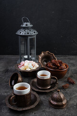Traditional Turkish tea with dates and lokum for Ramadan Iftar