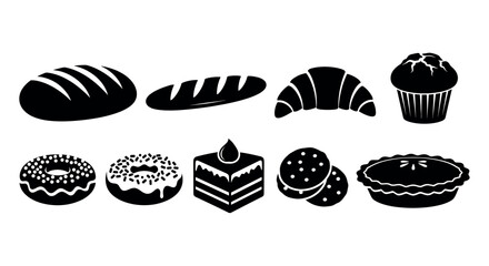 Black silhouette icon set of various bakery items including bread, croissant, muffin, donuts, cake slice, cookies, and pie arranged in two rows.