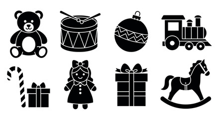 Black silhouette icons of children's toys including a teddy bear, drum, christmas ornament, train, candy cane, doll, gift, and rocking horse.