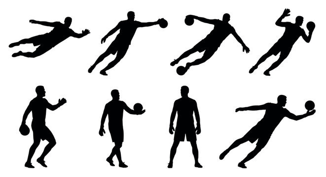Silhouette collection of male athletes in various action poses with a ball, demonstrating dynamic movement and athletic skill.