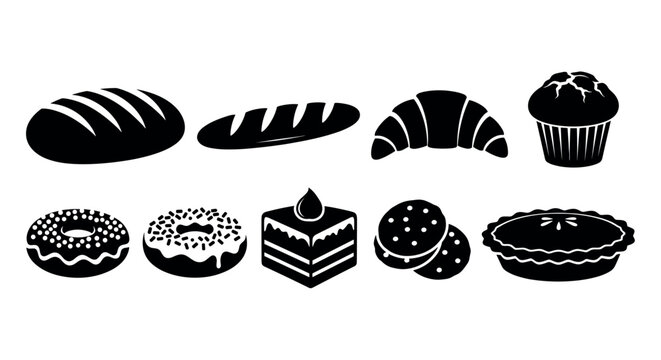 Black silhouette icon set of various bakery items including bread, croissant, muffin, donuts, cake slice, cookies, and pie arranged in two rows.