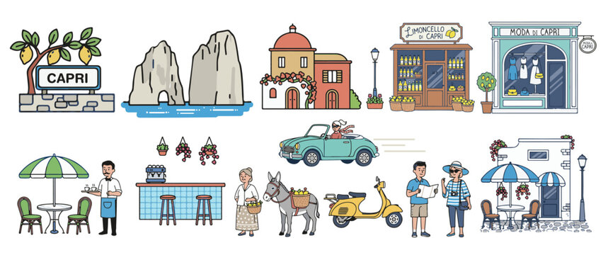 Capri Italy Travel Vector Collection. Icons of Island Life, Architecture, Limoncello, Fashion and Mediterranean Culture