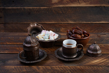 Traditional Turkish tea with dates and lokum for Ramadan Iftar