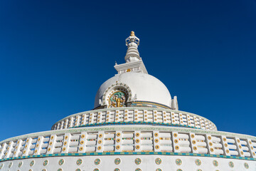 Leh, India - September 17, 2025: Famous Shanti Stupa located on a hilltop overlooking Leh