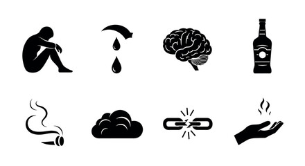 A series of black silhouette icons depicting a person sitting, a droplet, a brain, a bottle, a smoking cigarette, a cloud, a broken chain, and an open hand.