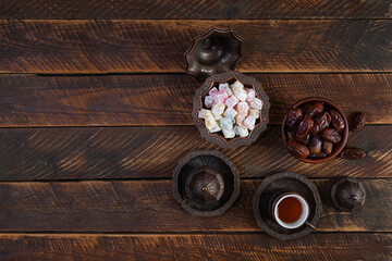 Traditional Turkish tea with dates and lokum for Ramadan Iftar