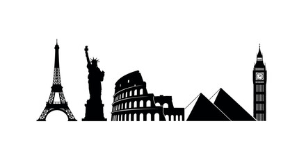 Obraz premium Silhouette icons of iconic world landmarks including the eiffel tower, statue of liberty, colosseum, pyramids of giza, and big ben.