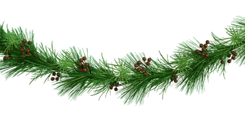 Green pine garland with small pinecones on a black background