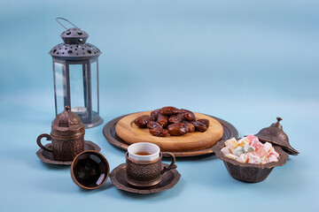 Traditional Turkish tea with dates and lokum for Ramadan Iftar