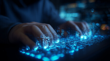 Hands typing on a keyboard with digital data rising, representing software creation, secure coding, and technology-driven productivity.

