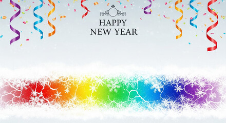 Festive New Year greeting card with colorful decorations and snow  