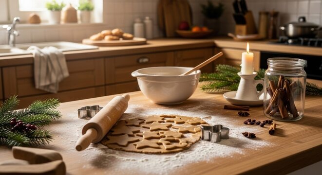 Cozy kitchen holiday baking scene with flour-dusted wooden countertop, gingerbread dough, rolling pin, pine sprigs, dried cranberries, and candlelight in warm natural sunlight