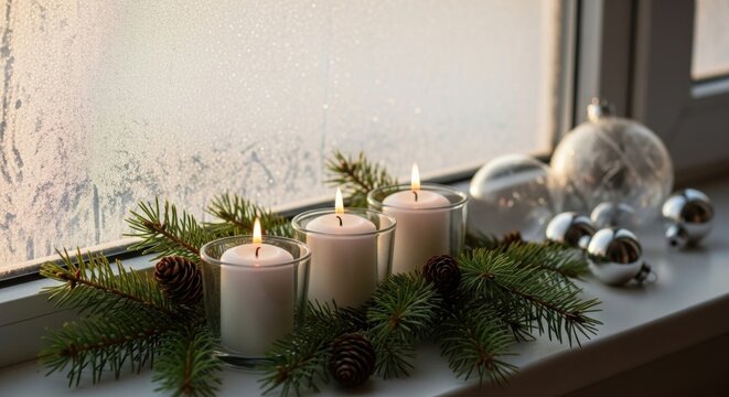 Calm winter windowsill with white candles in glass holders, fresh pine branches, frosted window edges, and glass ornaments reflecting soft morning light, cozy Christmas decor