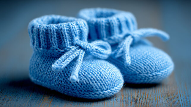 “Tiny knitted blue booties for baby, stock image.”