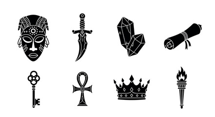 Set of eight black silhouette icons depicting an african tribal mask, ornate dagger, geometric crystals, rolled parchment, antique key, ankh symbol, royal crown, and flaming torch.