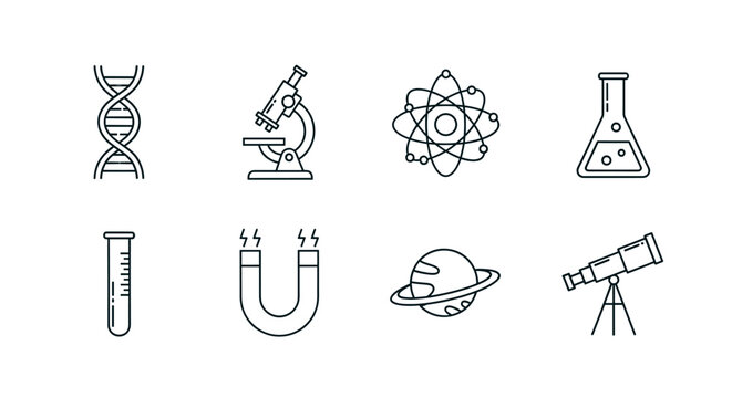 Black outline vector icons featuring dna helix, microscope, atomic model, laboratory flask, test tube, magnet, planet, and telescope, representing scientific concepts.